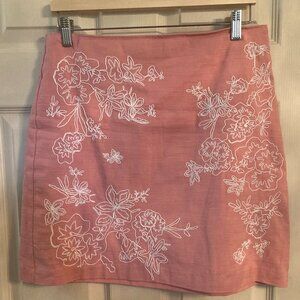 Loft Pink with White Embroidered Flower Print Lined Skirt - EUC